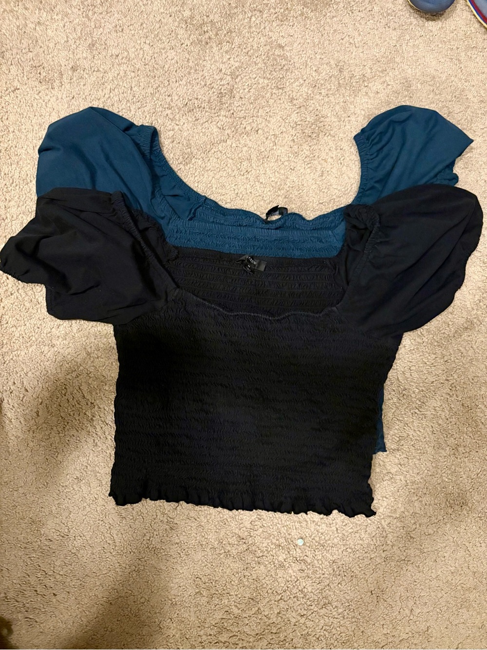J. Crew Black Smocked Puff-Sleeve Crop Top